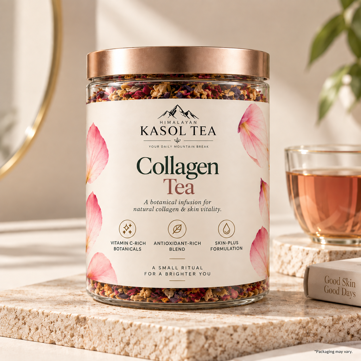 Collagen Tea jar with tea cup and botanicals